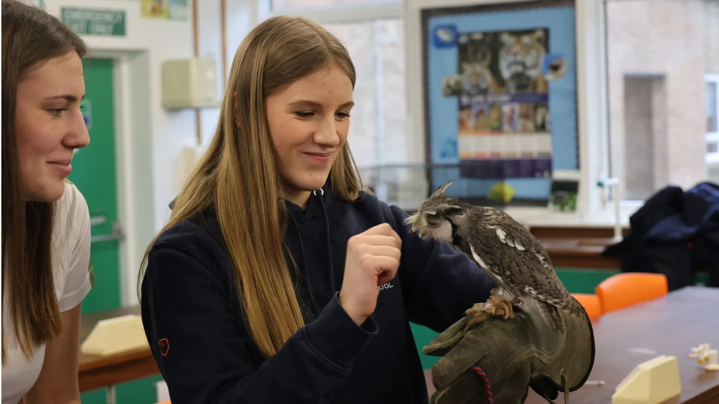 A Barney student holding a Scops Owl during a workshop.